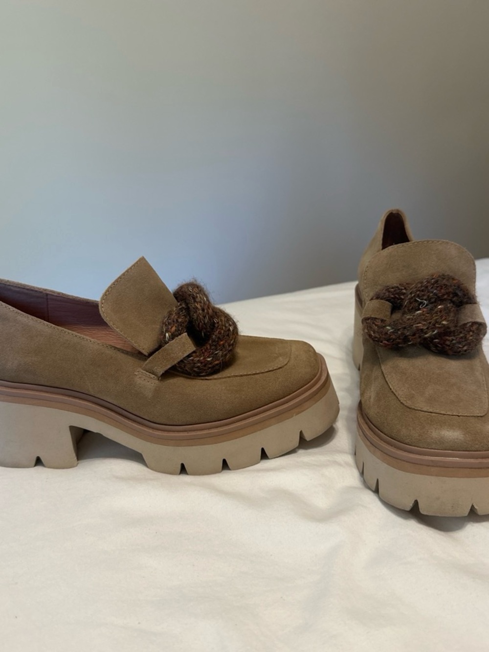 Taupe Suede Platform Loafers with Braided Accent